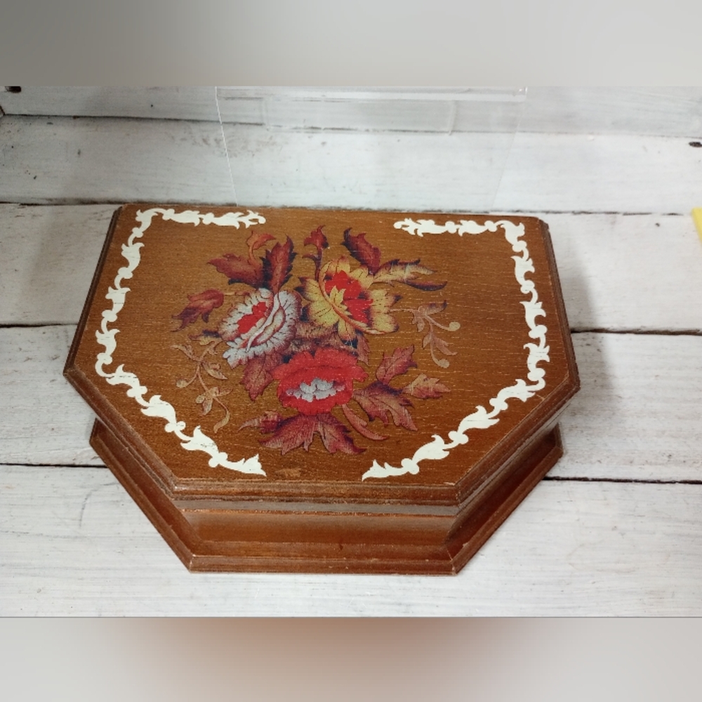 Vintage Hinged Wooden Jewelry Box Floral Design on Top, Cottagecore
